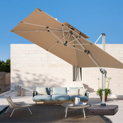 Mojia Cantilever Patio Umbrella with Cross Base and Cover Included - 360° Rotation Large Heavy Duty Offset Outdoor Umbrella with Easy Tilt for Pool Backyard Deck Garden (10x10 FT Khaki)