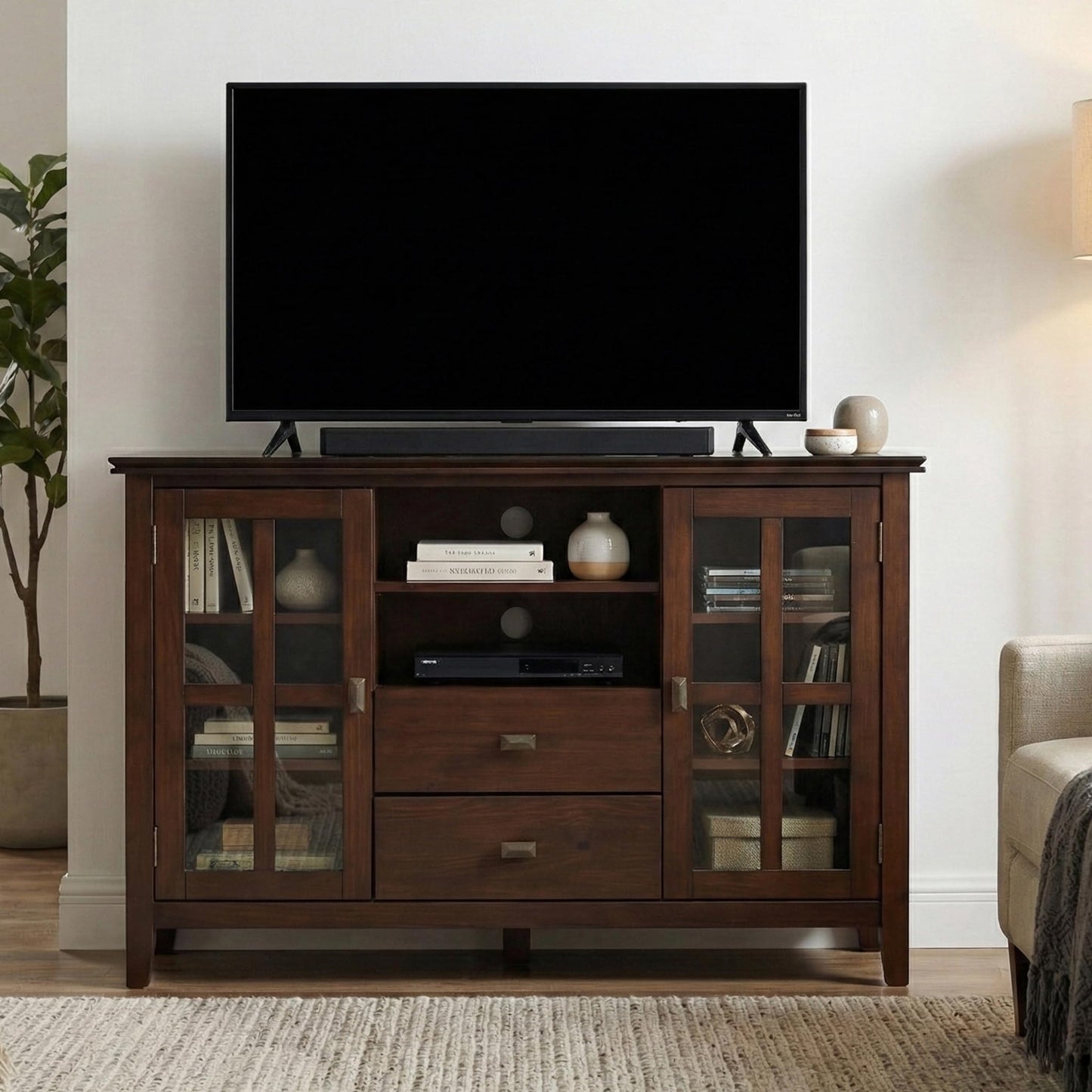 SIMPLIHOME Artisan TV Stand - 53 inch Wide Solid Wood Tall Media Console in Russet Brown, Contemporary Entertainment Center for Living Room for TVs up to 60 Inches with Drawers and Cable Management
