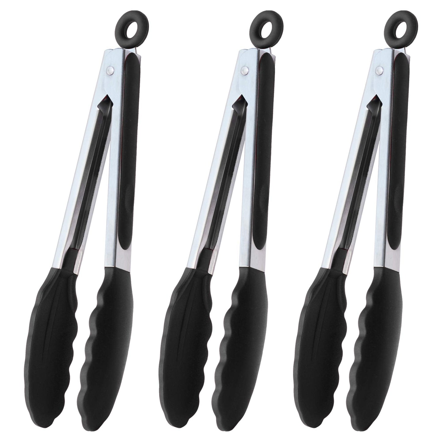HINMAY Serving Tongs 9-Inch Cooking Tongs with Silicone Tips, Set of 3 (Black)