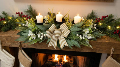 Candle Holder Centerpiece for Table,3 Wick Candle Holder with Artificial Gypsophila Flower,Artificial Eucalyptus Leaves Magnolia Holly Berries and Striped Bow for Table Centerpiece Decor,Dining Room