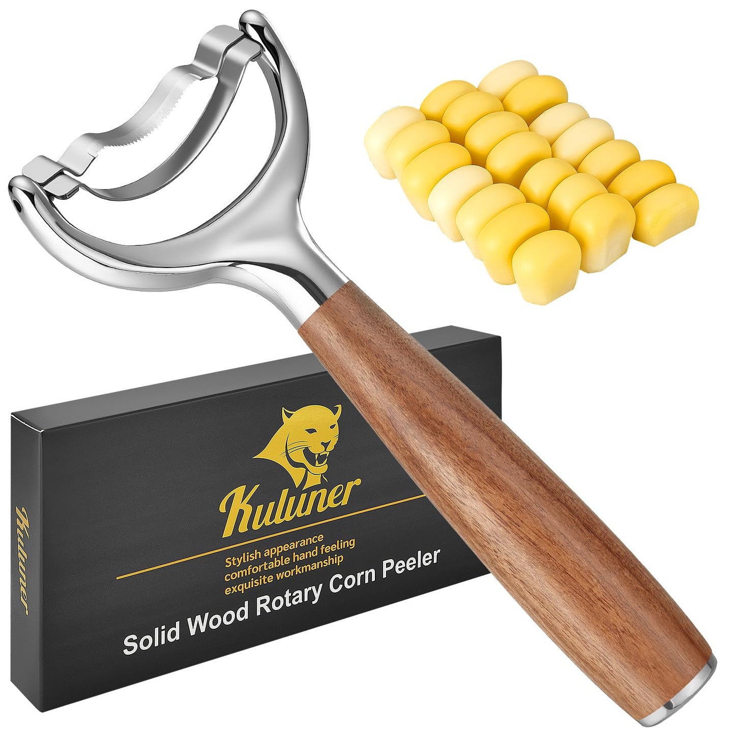 KULUNER Durable Stainless Steel Corn Peeler with Polished Wood Handle Corn on the Cob Stripper Kernel Remover Easy Use Corn Kernel Cutter Kitchen Gadget（Rosewood）