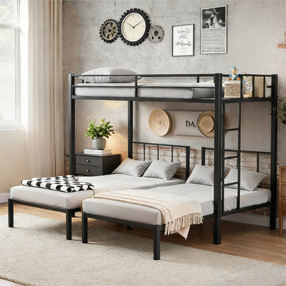 Mixcous Triple Bunk Bed Twin XL Over Twin & Twin, Heavy Duty Metal Bed Convertible to 3 Beds for Teens & Adults, Bunk Bed Frame with Adjustable Ladder, Noise-Free, Ideal for Space-Saving Needs, Black