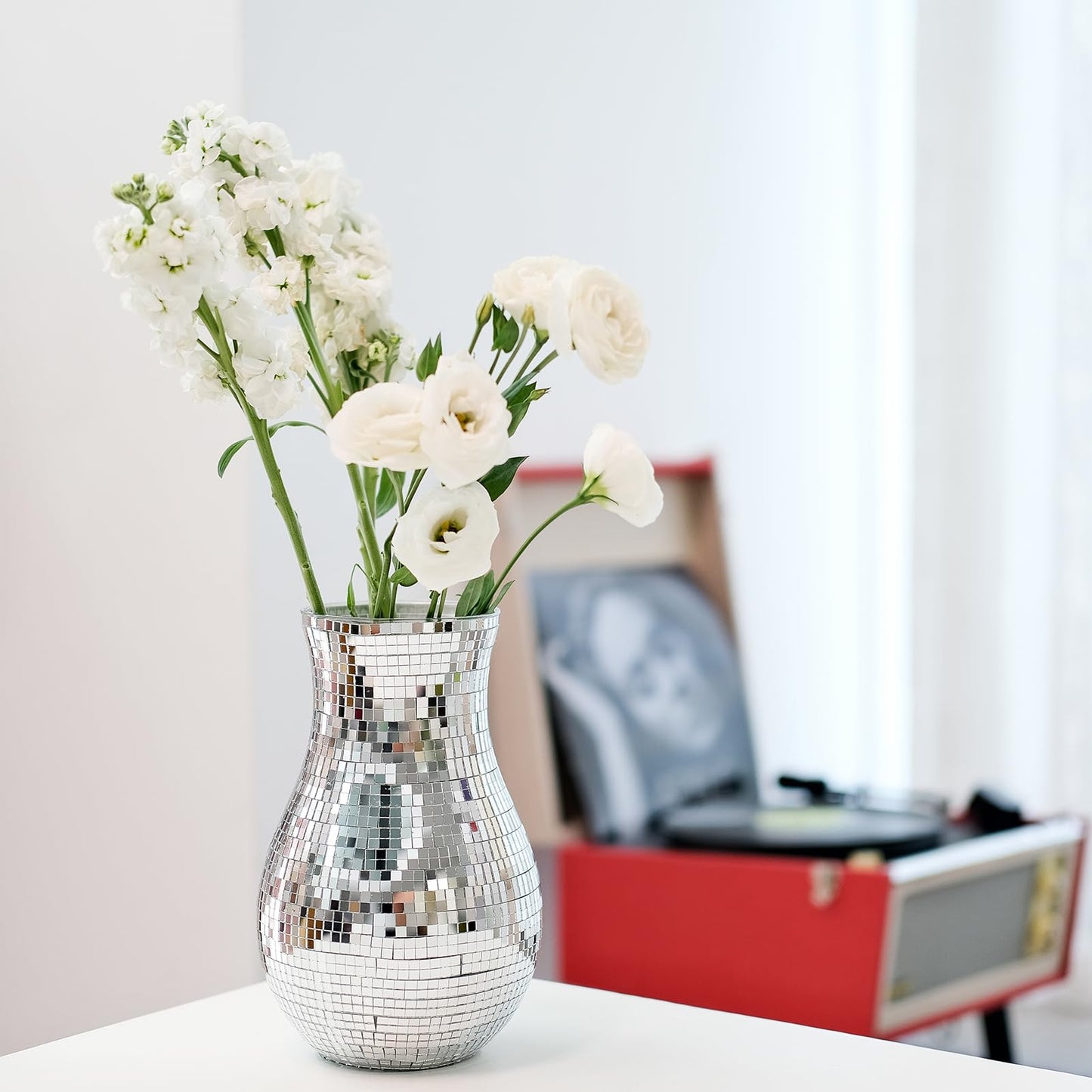 8.7" Disco Ball Flower Vase - Silver Mirrored Mosaic Vase for Centerpieces, Retro 70s Party Decor, Unique Funky Reflective Floral Container for Home, Wedding & Living Room Aesthetics