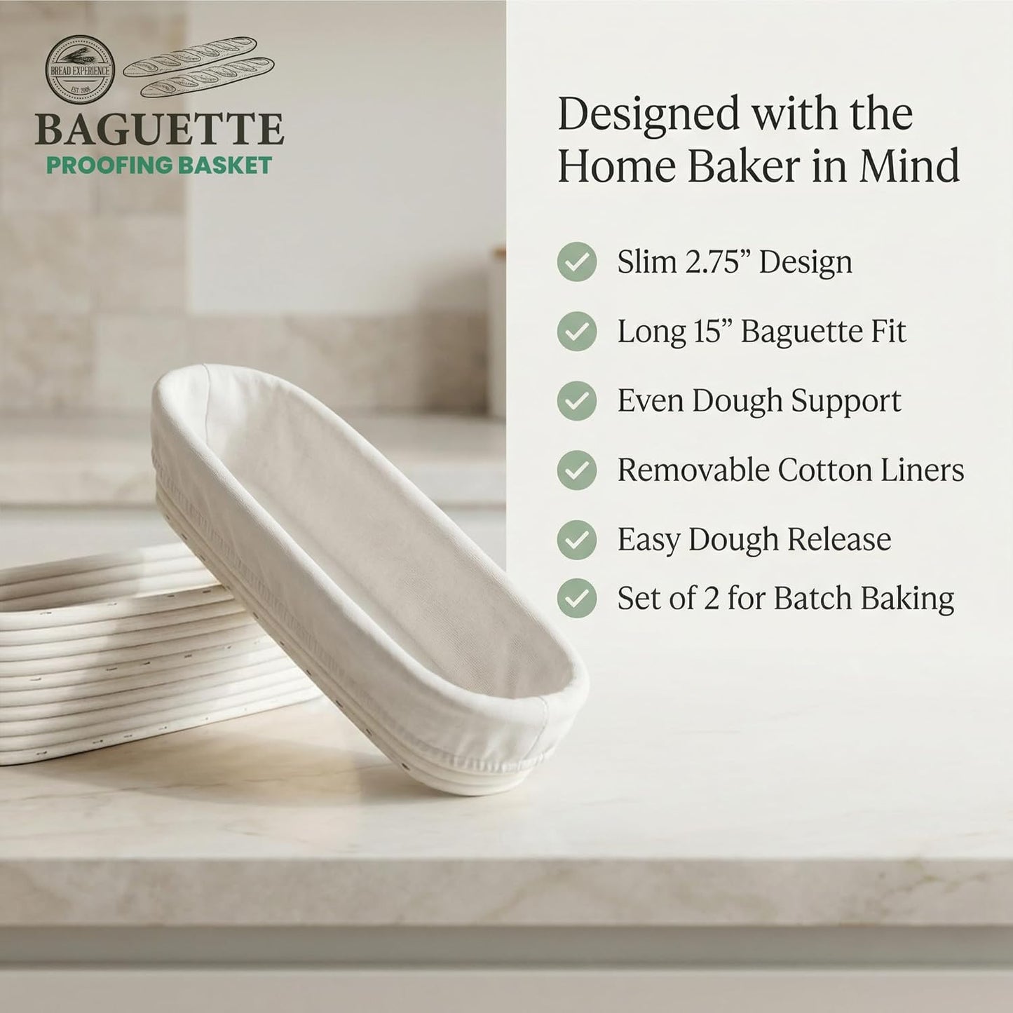 15 Inch Set 2 Baguette Proofing Basket of with Cotton Liners & Baguette Recipe eBook- Handcrafted Natural Rattan