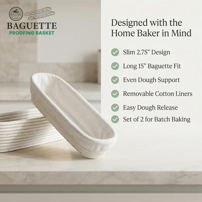 15 Inch Set 2 Baguette Proofing Basket of with Cotton Liners & Baguette Recipe eBook- Handcrafted Natural Rattan