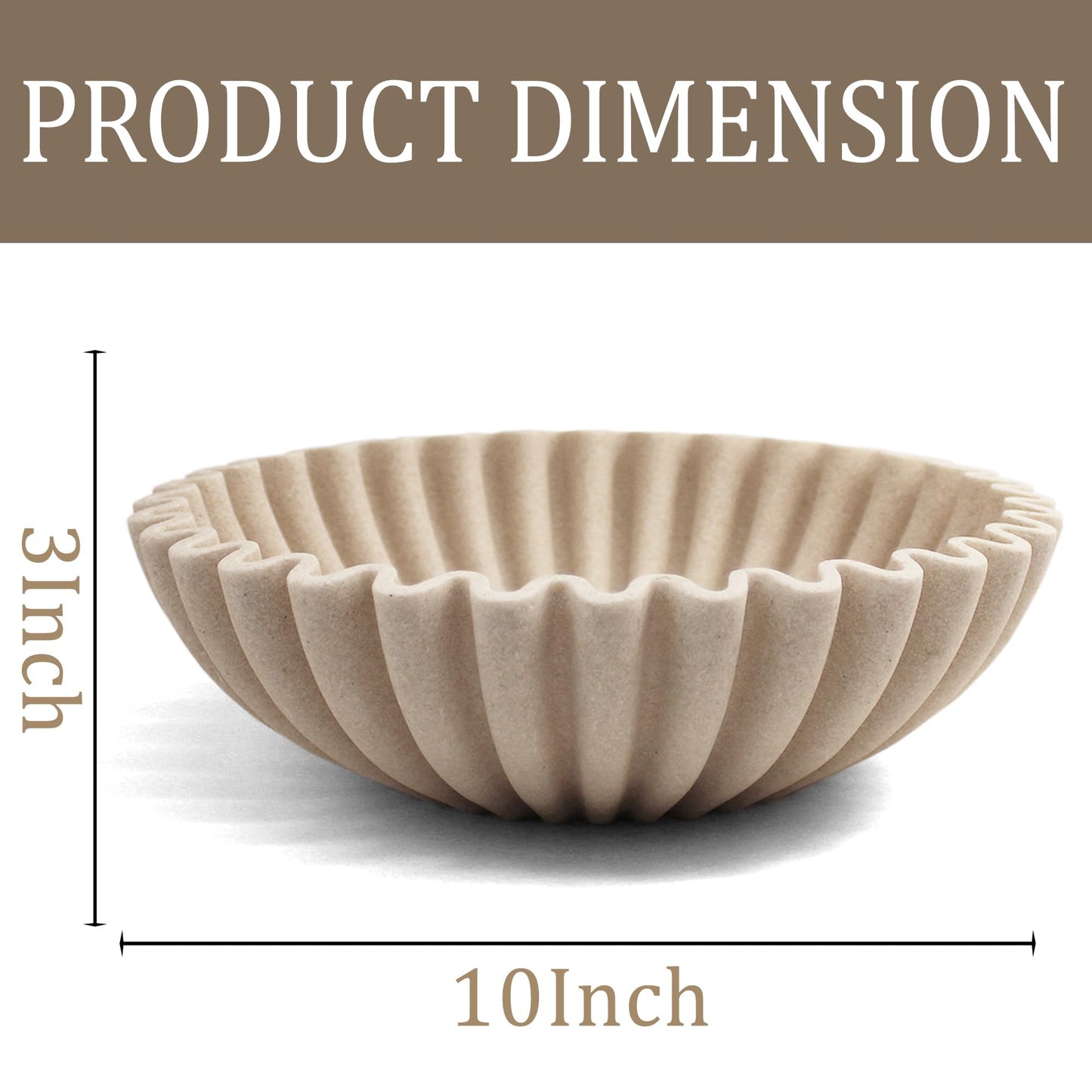 LIN CHUAN Ruffle Decorative Bowl, Large Fruit Bowl for Kitchen Counter, Stylish Key Bowl for Entry Table, Handcrafted Home Decor Display bowl, Artificial Stone Beige