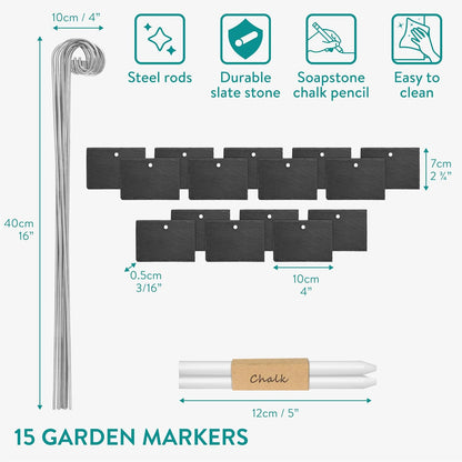 (15 Navaris Slate Plant Labels Pieces) - Garden Marker Label Signs with Stakes - Markers for Plants, Vegetables, Herb