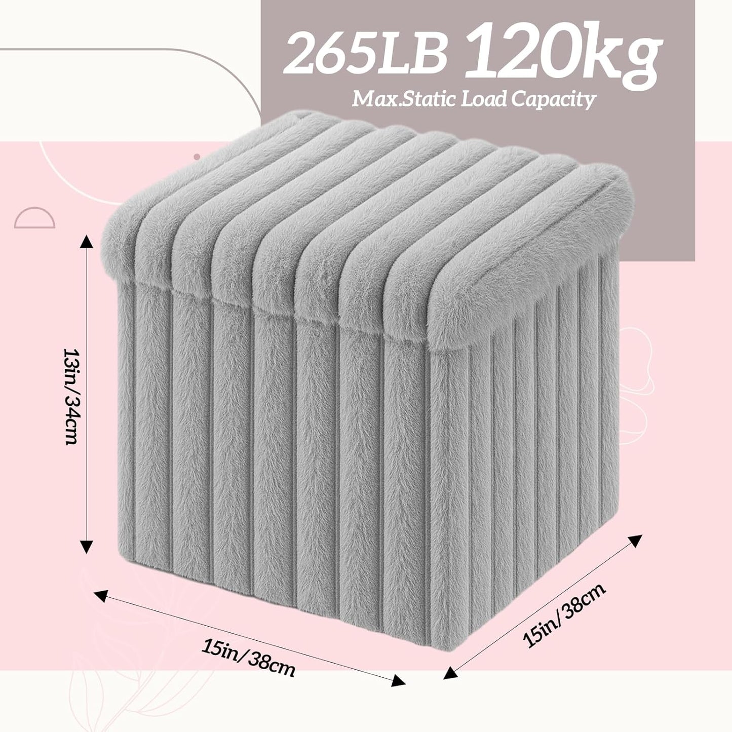 15x15x13 Inch, 265lbs Wenqik Grey Storage Ottoman Cube, Fluffy and Furry Grey Square Foot Rest Stool, Foldable Storage
