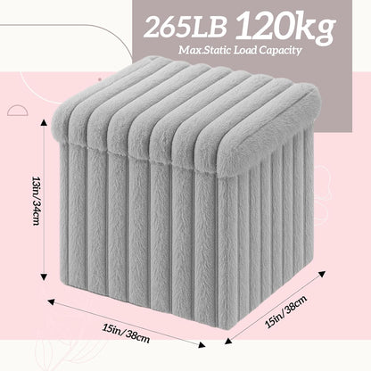 15x15x13 Inch, 265lbs Wenqik Grey Storage Ottoman Cube, Fluffy and Furry Grey Square Foot Rest Stool, Foldable Storage