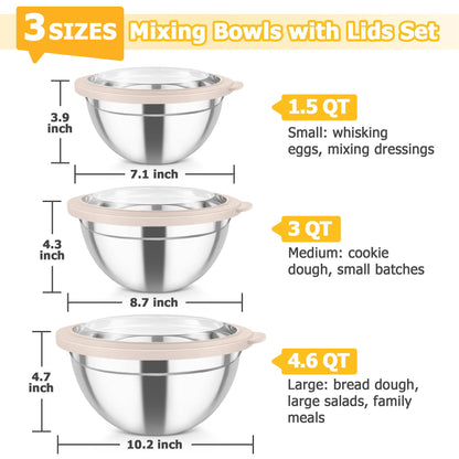 TeamFar Mixing Bowls with Lids, 4.5/3/1.5 QT Stainless Steel Nesting Salad Bowls with Airtight Lids, For Serving/Mixing/Storing/Prepping, Healthy & Sturdy, Visible & Easy Clean, Khaki, Set of 3