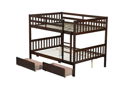 PVWIIK Full Over Full Wood Bunk Bed with 2 Drawers & Ladder for Adult Teenagers Kids Bedroom Dorm Guest Room,Convertible into 2 Full Beds Frame/Under Bed Space/No Box Spring Required,Espresso