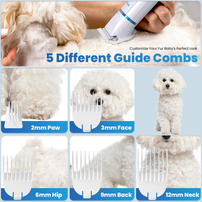 PETYGO 3-in-1 Dog & Cat Grooming Kit - Rechargeable Cordless Pet Hair Clippers with Nail Grinder & Paw Trimmer & 5 Guide Combs, Low Noise Dog Clippers for Grooming Small Medium Pets
