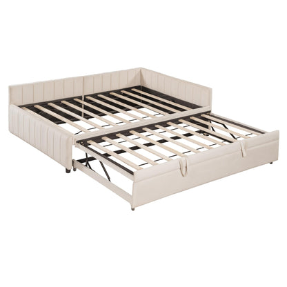 Full Size Upholstered Daybed with Pop up Trundle Bed,Velvet Day Bed Frame with L-Shaped Backrest,Pop up Trundle Full Size,Tufted Sofa Bed for Bedroom,Living Room,Guest,Beige