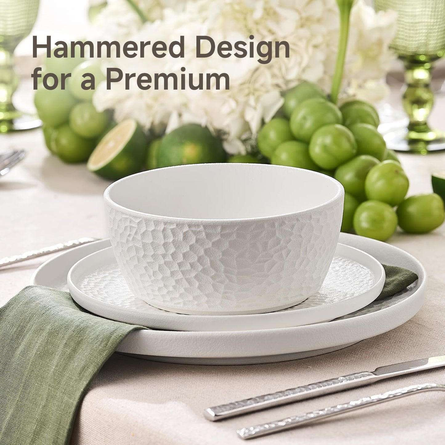 KINGSTONE Ceramic Dinnerware Set, 24-Piece Porcelain Plates and Bowls Set for 8, Matte Black or White, Hammered Texture, Microwave, Dishwasher & Oven Safe, Perfect for Home, Weddings & Gifts