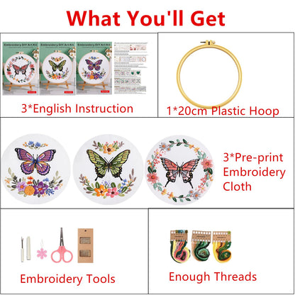 Mozzyyee 3 Sets Embroidery Starter Kit for Beginners Adults Include 3 Embroidery Clothes with Instructions Hoops Floss Thread Fabric Needles (Butterfly)