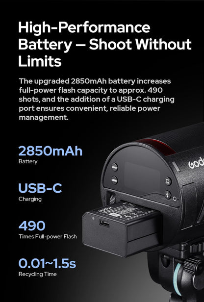 Godox AD100 Pro II AD100Pro II AD100ProII Flash Strobe with AK-R1 Kit, 2.4GHz X System+433Mhz Module/2W LED/10 Brightness Levels/490 Full-Power Pops/0.01–1.5s Recycle Time/USB-C Charging/1-256-1/1