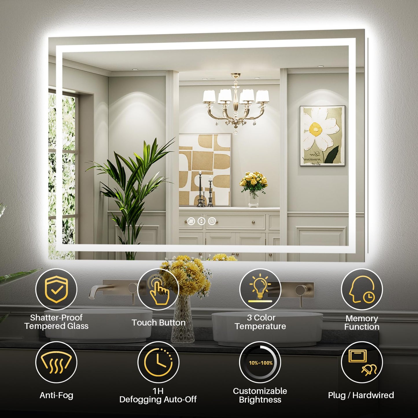 Briivue 72x32 Inch LED Bathroom Mirror with Lights, Backlit & Front Lit, Anti-Fog Lighted Bathroom Vanity Mirror for Wall, Memory Function, Dimmable, HD Tempered Glass, Shatter-Proof