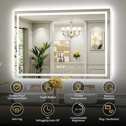Briivue 72x32 Inch LED Bathroom Mirror with Lights, Backlit & Front Lit, Anti-Fog Lighted Bathroom Vanity Mirror for Wall, Memory Function, Dimmable, HD Tempered Glass, Shatter-Proof