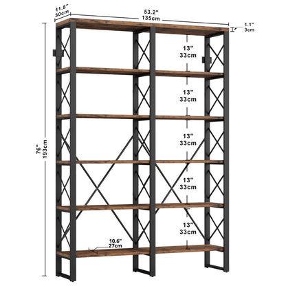 IRONCK Bookshelf Double Wide 6-Tier 76" H, Open Large Bookcase, Industrial Style Shelves, Wood and Metal Bookshelves for Home Office, Easy Assembly