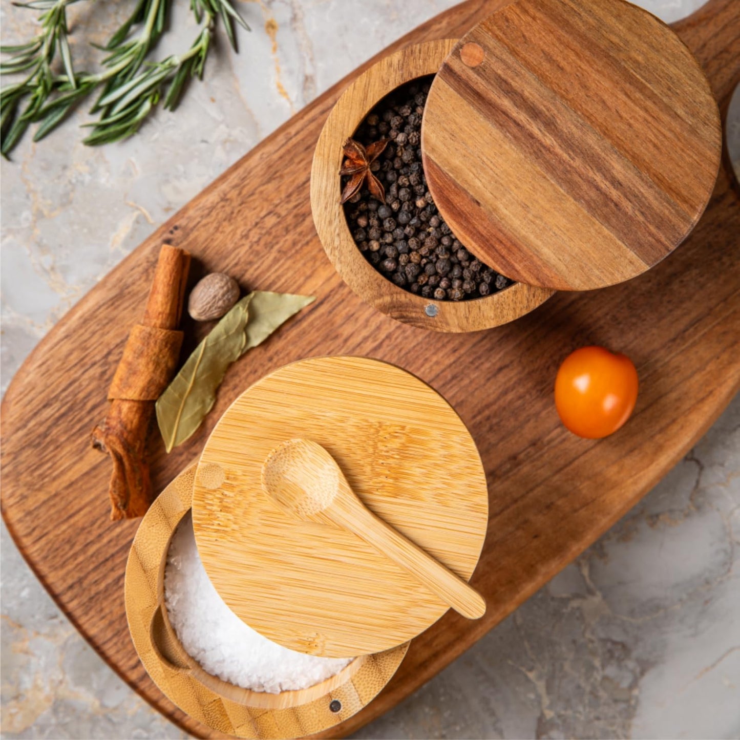 Pochita Global Bamboo Salt Cellar Bowl Box with Swivel Magnetic Lid to Avoid Dust, Elegant Kitchen Salt Container Holder with to Storage Pepper Spice Bath & Sea Salts, 6OZ（Built-in Spoon）