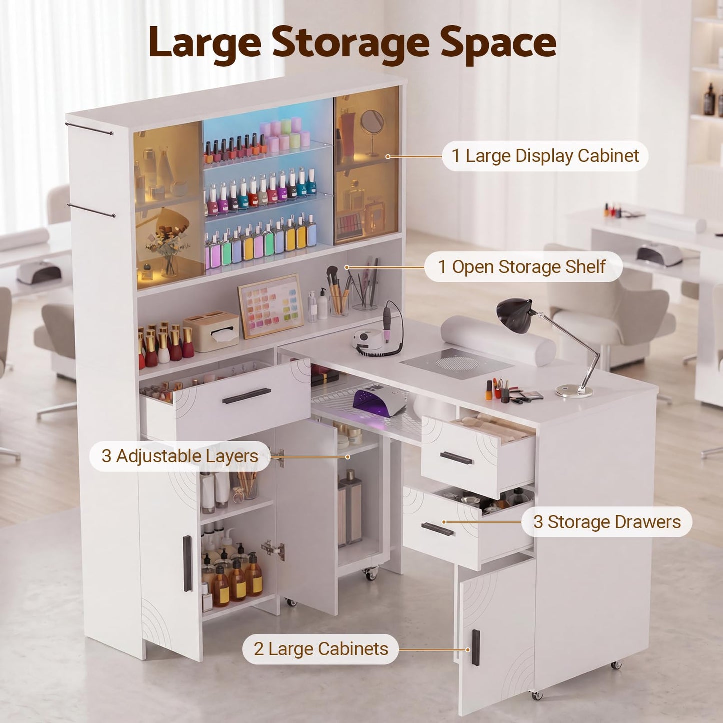 Oakvera Manicure Table with LED Display Cabinet, Mobile Nail Tech Desk Built-in Dust Collector, Nail Station with Double Tabletop, 3 Adjustable Shelves, Open Storage, Drawers & Cabinets, White