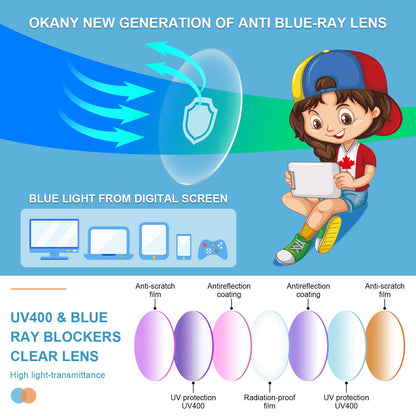 Okany Blue Light Glasses for Kids 3 Pack Blue Light Blocking Glasses for Teen Boys Girls Age 3-10,Computer Screen Gaming TV Phone Glasses Anti Glare,UV & Eye Strain (Grey Black+Transparent+Blue)