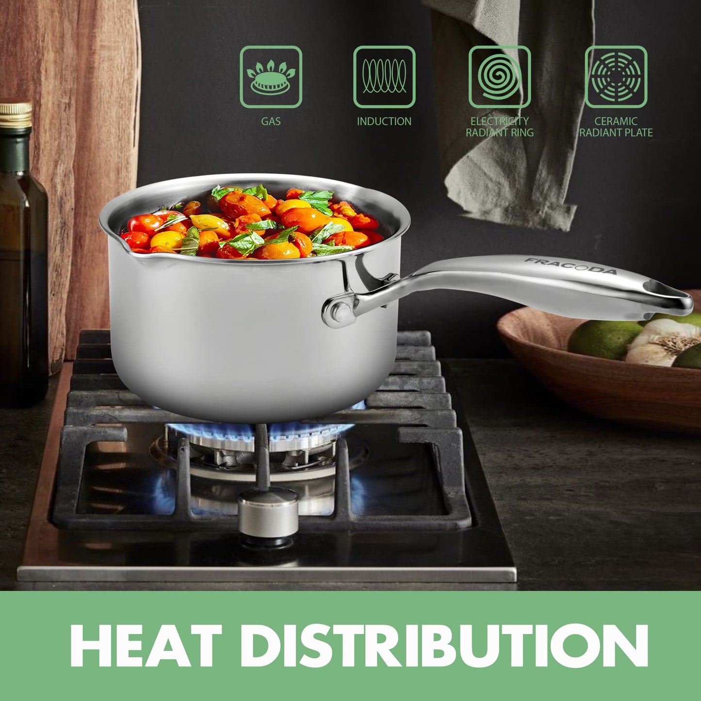 Fracoda 2.0 Quart Stainless Steel Pot Saucepan with Glass Strainer Lid, Sauce Pot with Two Side Spouts, Induction Cooking Pot, Multipurpose Sauce Pan with Lid for Cooking