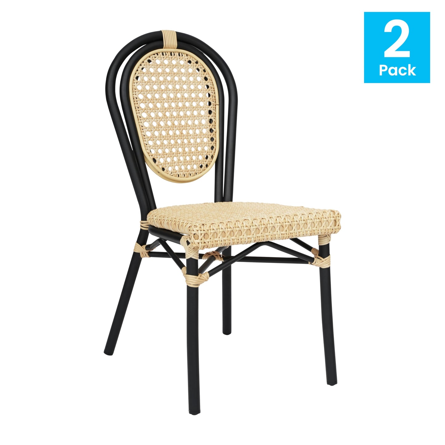 Flash Furniture Cannes Indoor/Outdoor Commercial Thonet Bistro Stack Chair - Natural PE Cane Rattan Back and Seat - Black Metal Frame - Set of 2