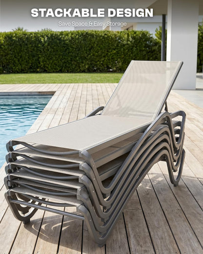 AreShark Aluminum Chaise Lounge Outdoor Set of 2,Textilene Patio Lounge Chair with 6-Position Adjustable Backrest,Stackable & Easy Assembly,Lightweight for Pool,Deck,Balcony,Lawn,Light Gray,Khaki