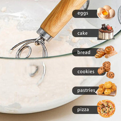 TEEVEA Danish Dough Whisk Stainless Steel Wooden Handle for Sourdough Pizza Bread Baking