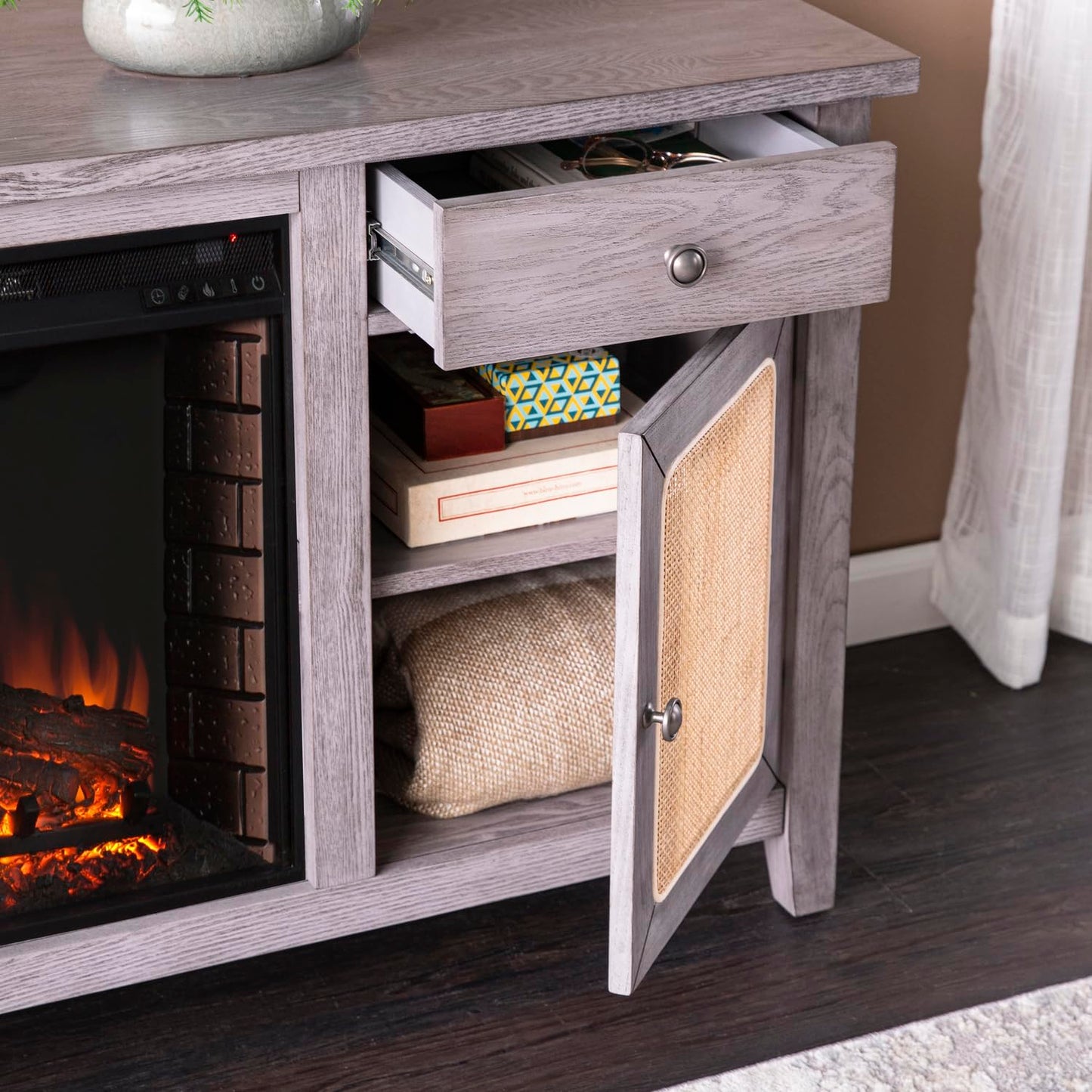 SEI Furniture Edderton Electric Fireplace TV Stand with Storage for TVs up to 56 Inches, Color Changing LED Flame, Gray