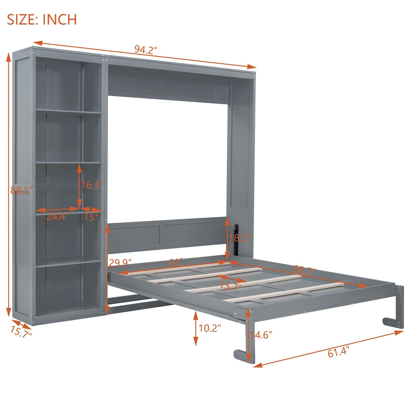 PacknWood Acosure Queen Size Murphy Five-Layer Cabinet,Solid Wood Storage Hidden Wall Beds Frame,W/Dual Piston Metal Folding Mechanism Designed,Space-Saving,for Home Office,Study,Guest Room,Gray