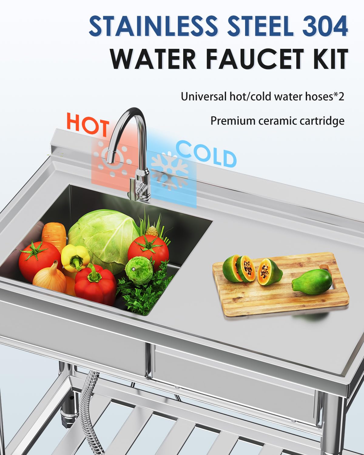 JFHID Stainless Steel Utility Sink, Free Standing Single Bowl Commercial Kitchen Sinks with Faucet, Drawer & Hot/Cold Water Pipes, Stainless Steel Prep Table Workbench Sink for Restaurant Laundry