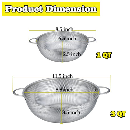 P&P CHEF Stainless Steel Colander, Micro-Perforated Food Strainer with Handle for Washing Draining, Great for Pasta Fruits Vegetables, Dishwasher Safe & Healthy, 1 +3 Qt, 2Pcs