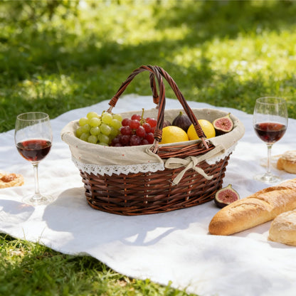 Dicunoy Wicker Basket with Handle, Picnic Baskets with Liner, Empty Gift Gardening Baskets for Harvesting, Willow Organizer Storage Basket for Fruit, Candy, Wine, Gathering, Wedding