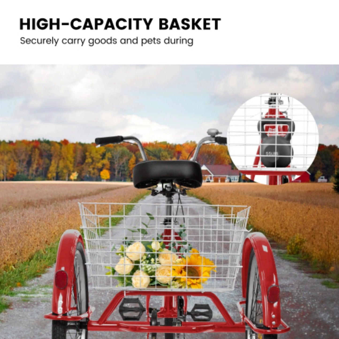 RENPINYOUX Tricycle, Adult Tricycle, 24" Tricycle with Shopping Basket, 350 Lb Capacity, Easy to Install, Suitable for Seniors, Women and Men