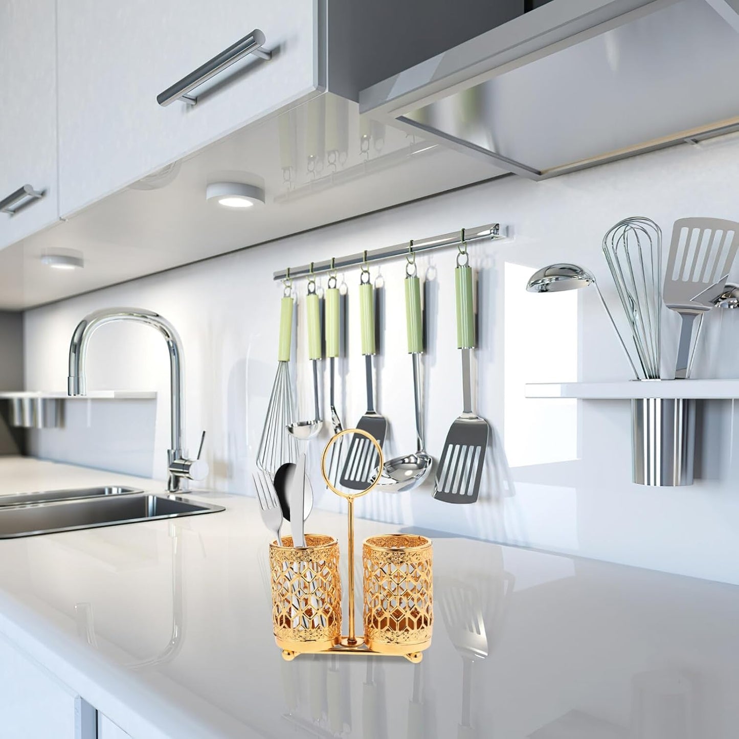 Hemoton Golden Utensils Holder, Rotating Metal Silverware Organizer, Cutlery Holder for Countertop and Buffet