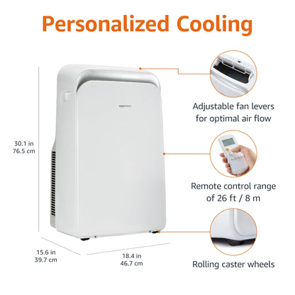 Amazon Basics 4-In-1 Portable Air Conditioner with Remote, Timer, Sleep Mode, Auto Swing, Cool/Heat/Dry/Fan-Only Functions, 13500 BTU (ASHRAE), Cools Up to 550 Sqf, Energy Saving, White