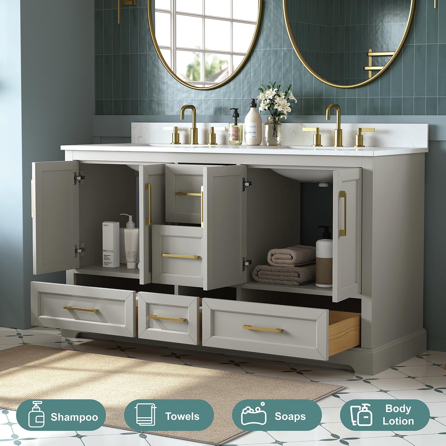 DELUXE LIVING 60 Inch Bathroom Vanity with Double Sink Combo, Solid Wood Frame with Mable Top &Backspalsh, Fully-Assembled with Soft-Closing Doors & 5 Drawers, Greige