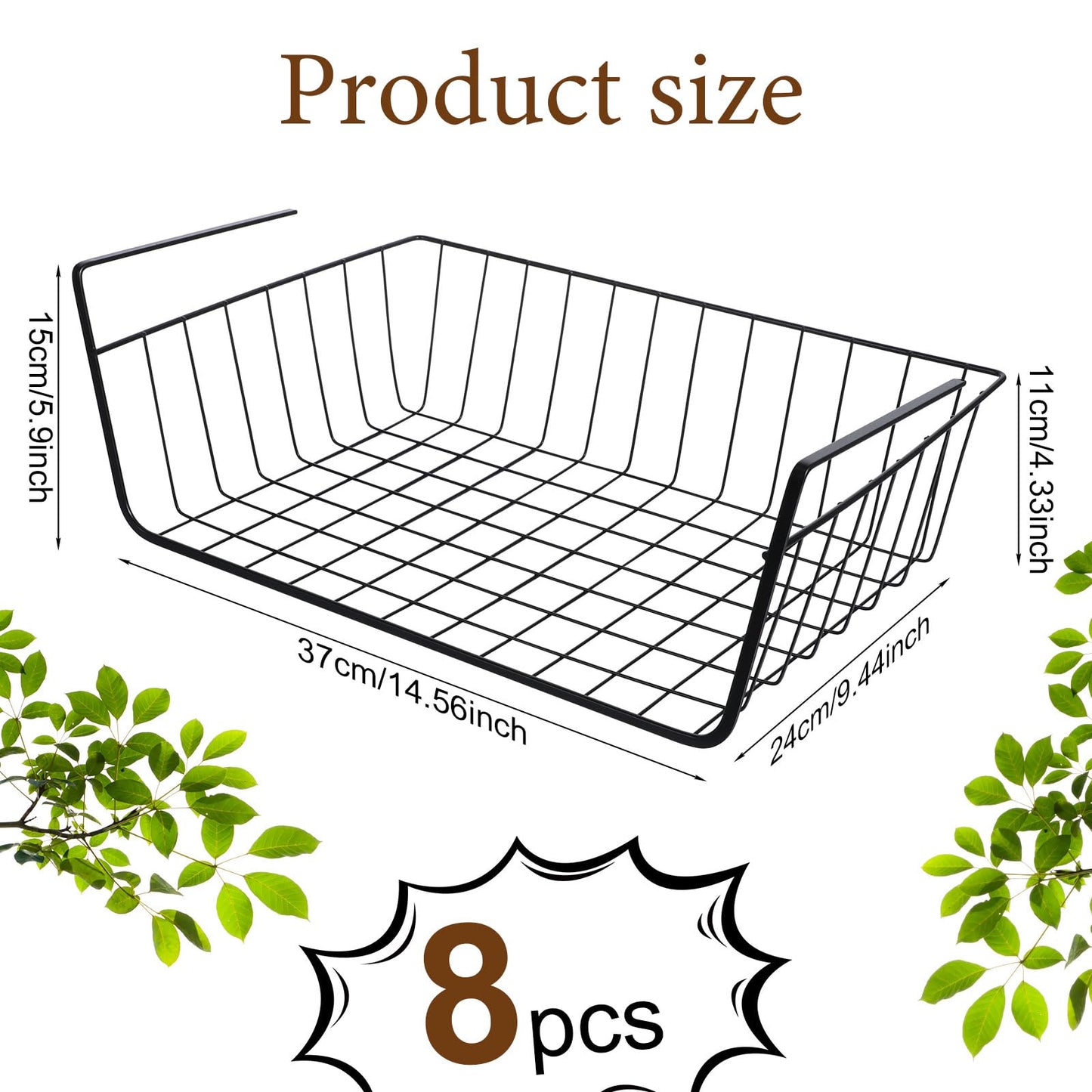 8 Pcs Under Shelf Basket, Hanging Under Cabinet Wire Storage Rack Slides Under Wire Shelves for Counter Pantry Desk Bookshelf,Black