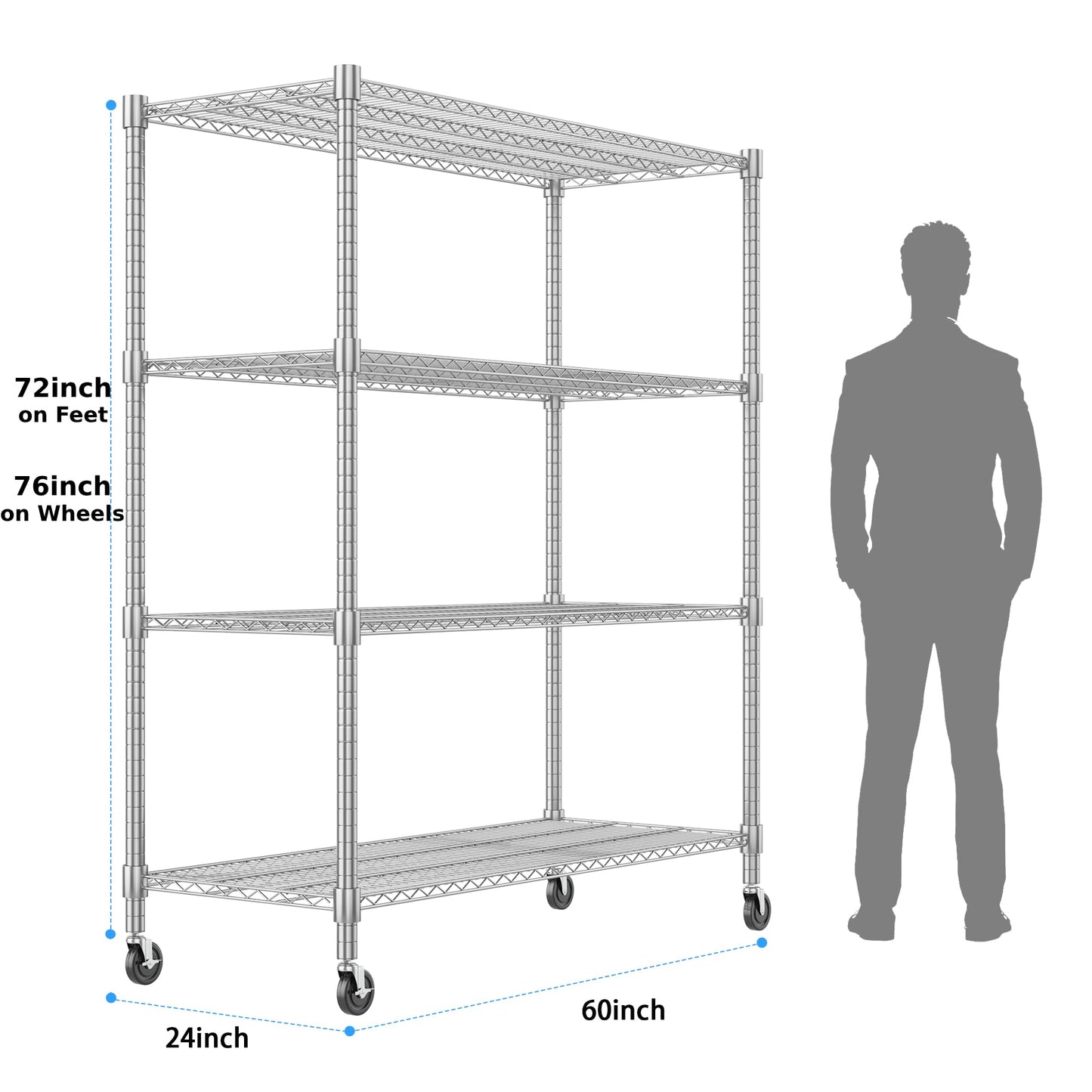 Homdox 4-Tier Heavy Duty Metal Shelves with Wheels - 2400LBS Commercial Adjustable Shelves for Garage, Pantry, Kitchen - 24"x60"x72", Chrome