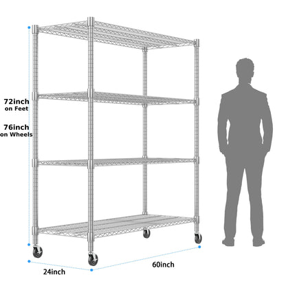 Homdox 4-Tier Heavy Duty Metal Shelves with Wheels - 2400LBS Commercial Adjustable Shelves for Garage, Pantry, Kitchen - 24"x60"x72", Chrome