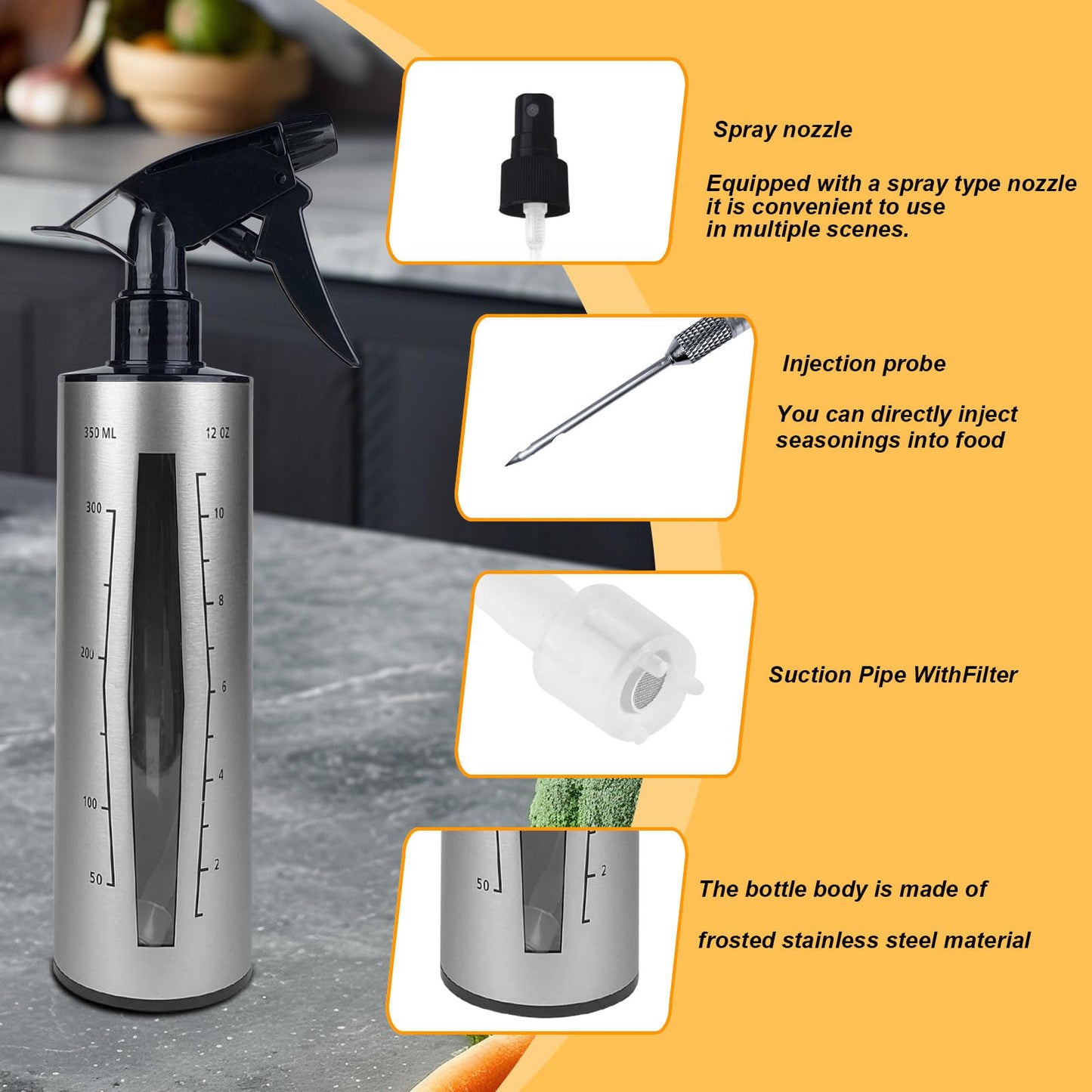 HEYISME BBQ Spray Bottle & Marinade Injector for Smoking, Upgrade 3 in 1 Food Grade Spritzer Bottle for Smoker(Adding Oil Mist Sprayer), 12oz/350ml