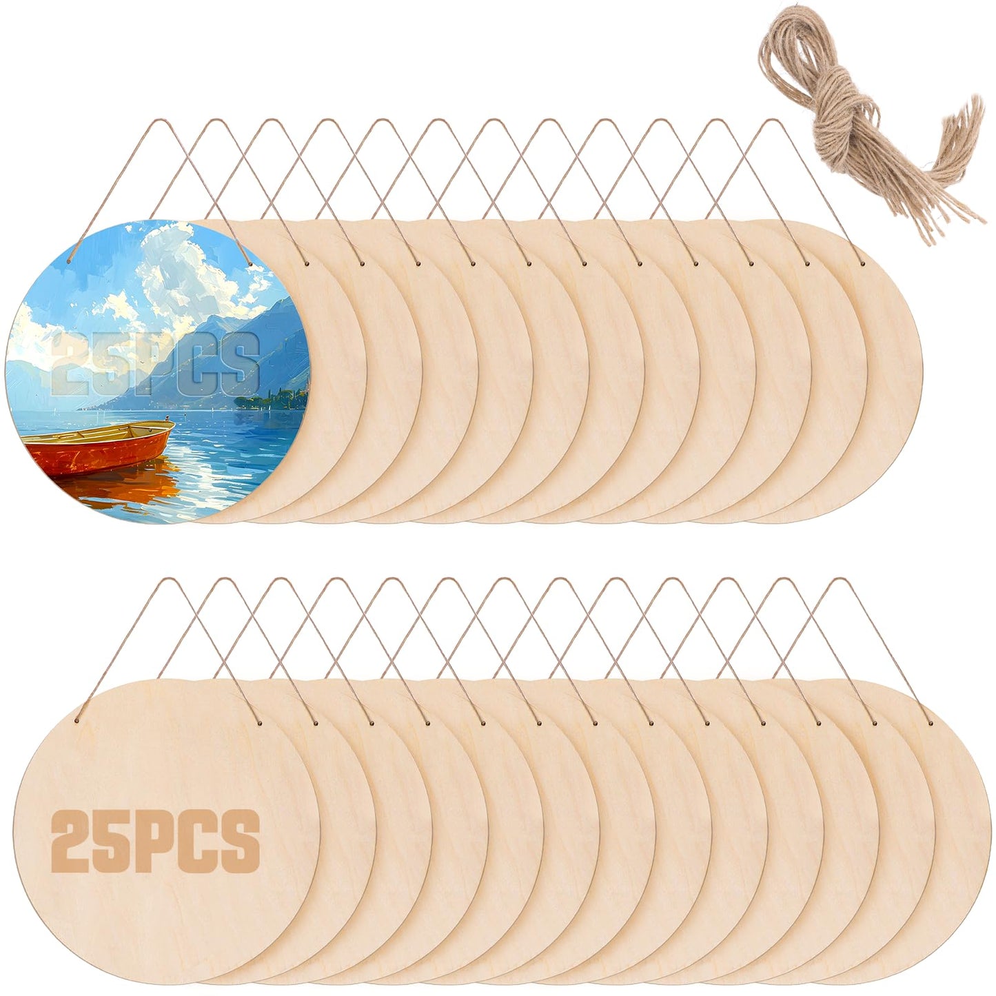 25 Sheets Blank Wood Circles for Crafts, 12 Inch Unfinished Round Wooden Hanging Signs with Holes, Wooden Discs for DIY Crafts Door Hanger Sign Painting Home Wall Decor Gift