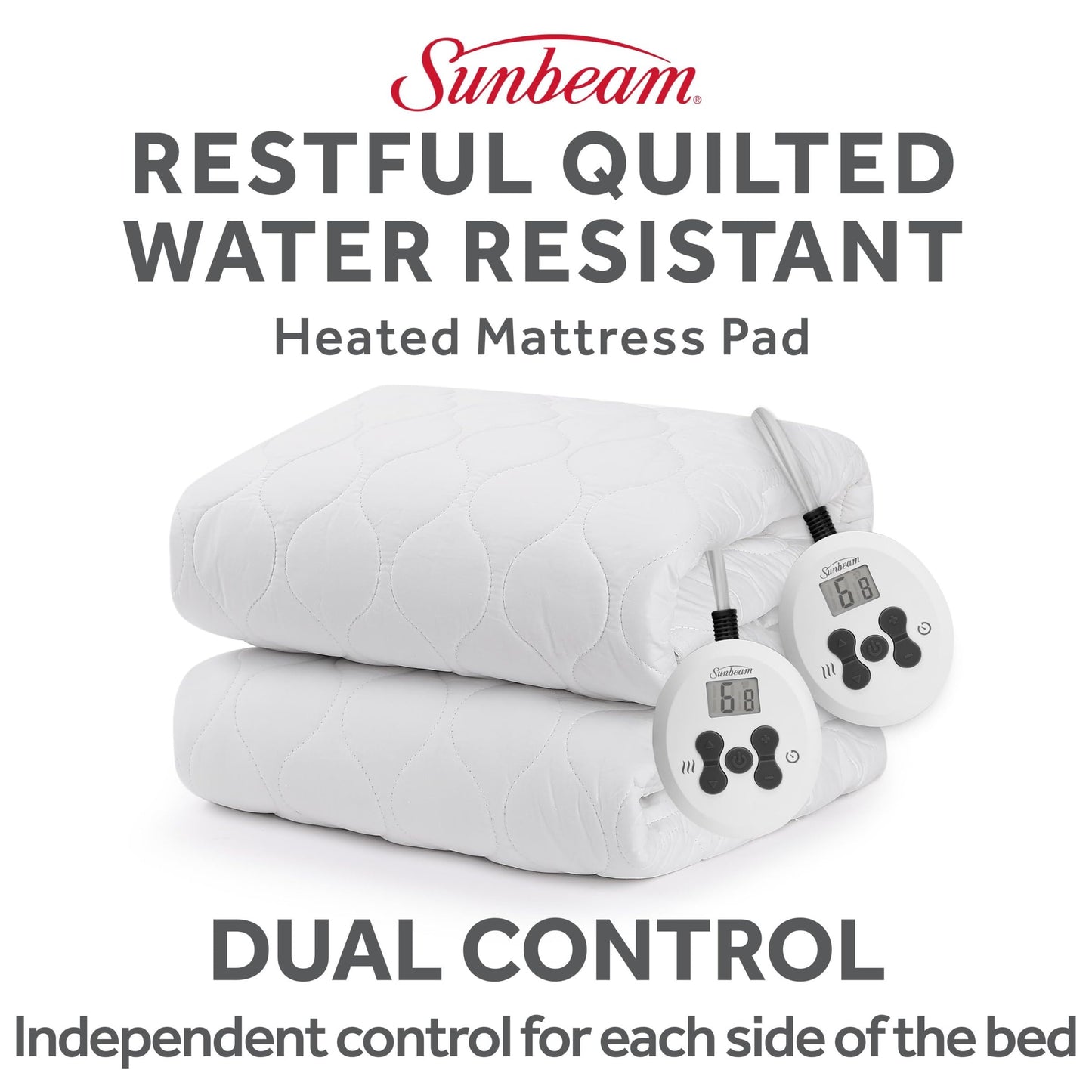 Sunbeam Electric Heated Mattress Pad Queen 80" x 60" 12 Heat Settings 12-Hour Auto Shut-Off Fast Heating Soft Cozy Fabric Deep Pocket Skirt Machine Washable