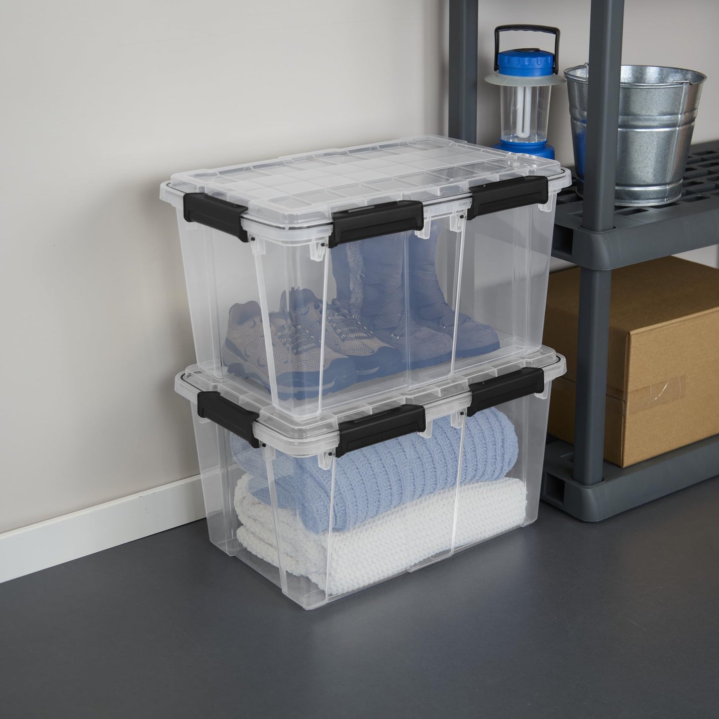 Sterilite 16 Pack 54 Qt Gasket Box, Clear Stackable Plastic Storage Container with Lids, Black - Waterproof and Dustproof Tote for Home Organization