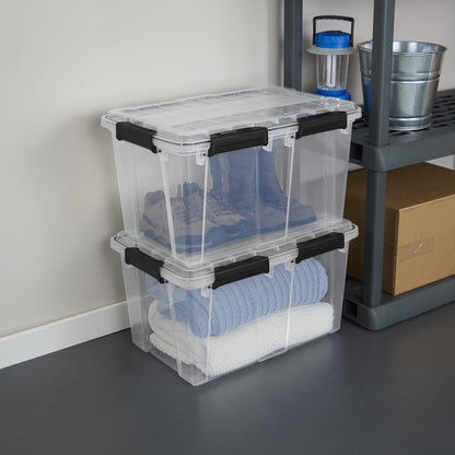 Sterilite 16 Pack 54 Qt Gasket Box, Clear Stackable Plastic Storage Container with Lids, Black - Waterproof and Dustproof Tote for Home Organization