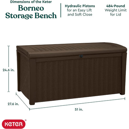 Keter 2-Pack Borneo 110 Gallon Deck Box Organizer, Doubles as 2-Person Bench Seat, Brown – Large Resin Outdoor Storage and Seating with Lockable Lid for Garden, Pool, and Patio