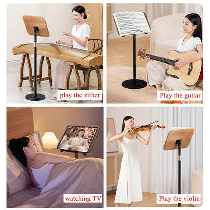 JOMRTS Wood Music Book Stand, High Stability Sheet Music Stand with Spring Book Clip, Retro, Walnut Color, Station for Conductors, Height Adjustable 64-122cm, Durable