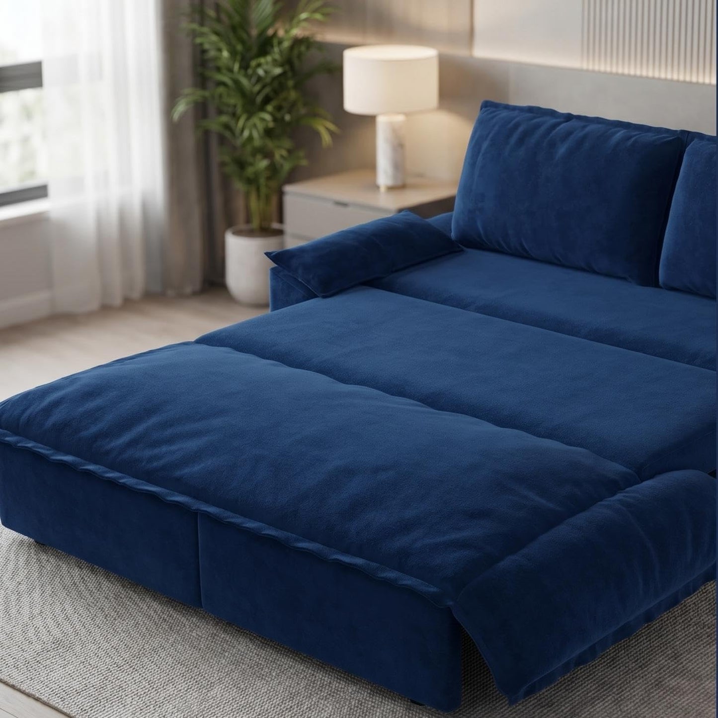 Trygoal Queen Sofa Bed, 3-in-1 Convertible Pull Out Couch, Velvet Couch with Pull Out Bed, Couch that Turns into Bed, Sleeper Sofa Bed for Living Room, Apartment, Small Space, Blue